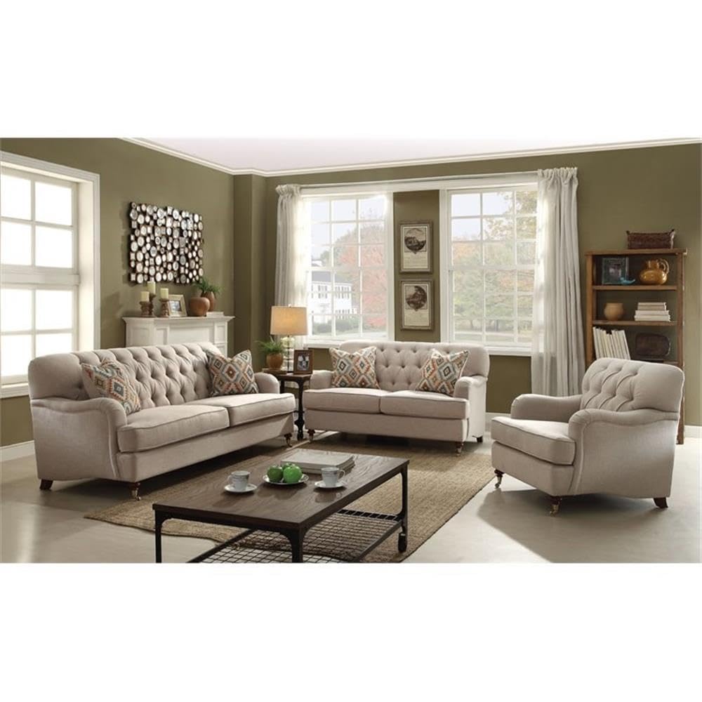 Acme Alianza Button Tufted Sofa with 2 Pillows in Beige Fabric
